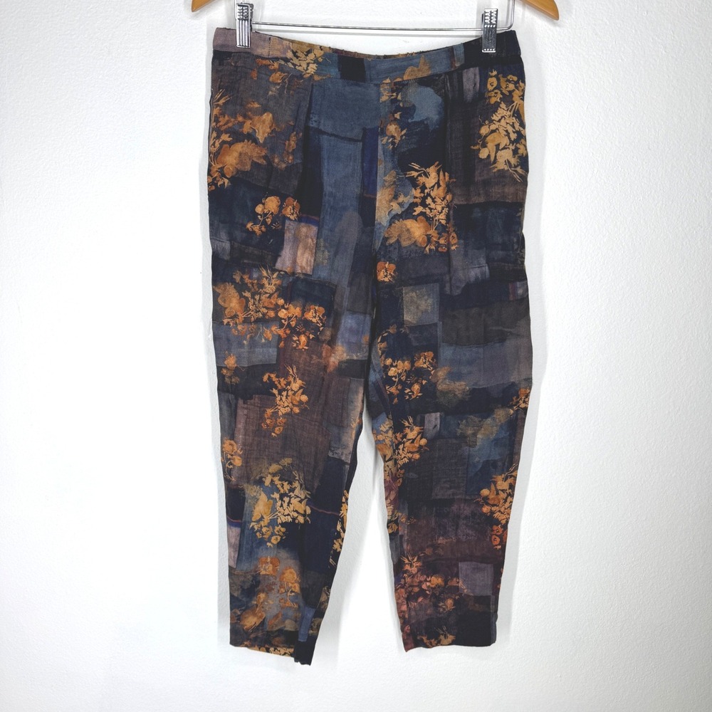 Peruvian Connection Women Dark Floral Patchwork Tapered Pants Size 6 Boho Earthy